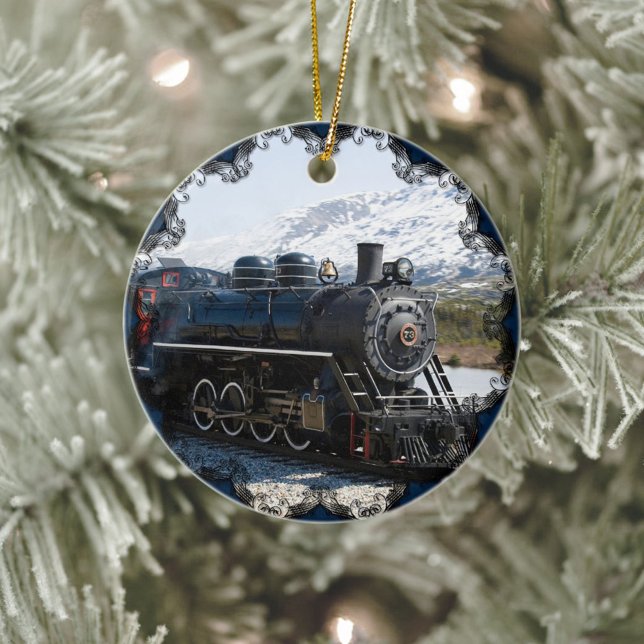 White Pass Train in Snow Ornament (Old-fashioned train, ceramic Christmas ornament with blue edging.)