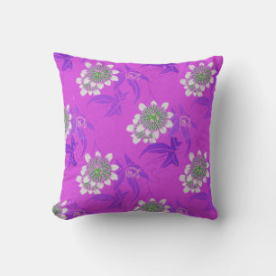 WHITE PASSION FLOWERS,BLUE LEAVES FUCHSIA PURPLE CUSHION