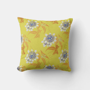 WHITE PASSION FLOWERS,BLUE LEAVES FUCHSIA PURPLE CUSHION