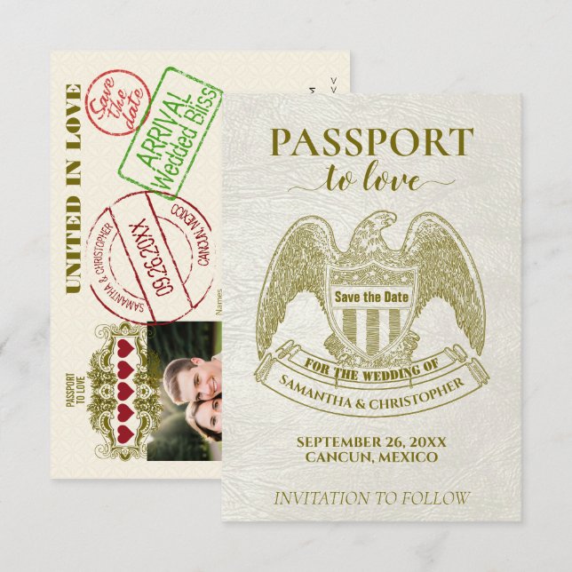 White Passport to Love Fun Destination Wedding Save The Date (Front/Back)