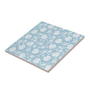 White & Pastel Blue Vintage Floral Damasks Tile