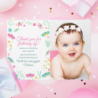 White Pastel Butterfly Girl’s Garden Photo Thank You Card