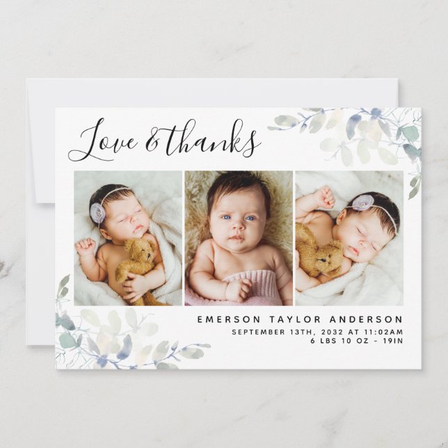 White Pastel Eucalyptus 3 Photo New Baby  Thank You Card (Front)