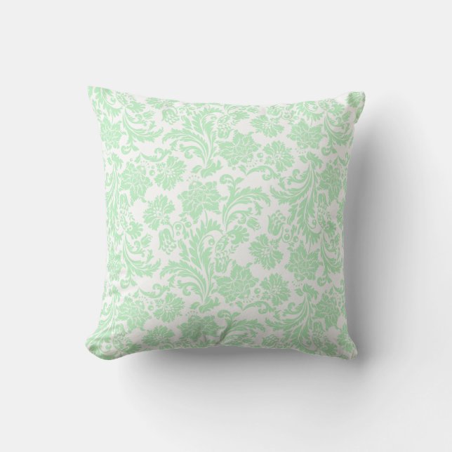 White & Pastel Green Vintage Floral Damasks Cushion (Front)