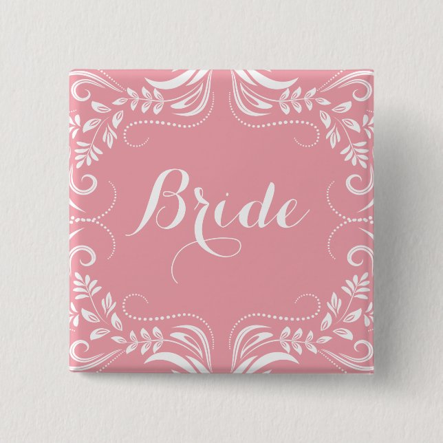 White & Pastel Pink Floral Frame Bride Button (Front)