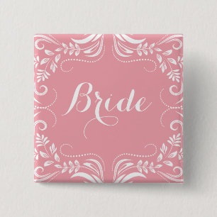 White & Pastel Pink Floral Frame Bride Button
