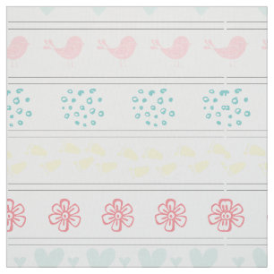 white pattern of birds, dots, footsteps, flowers, fabric