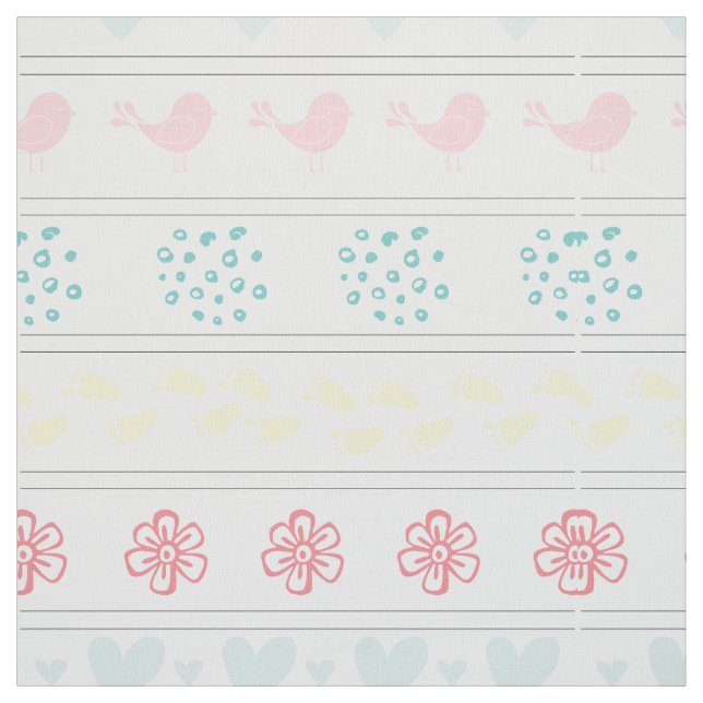 white pattern of birds, dots, footsteps, flowers, fabric (Swatch)