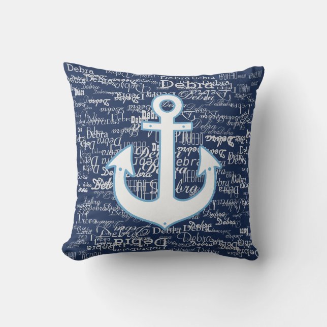 white pattern of names & boat anchor, on blue outdoor cushion (Front)