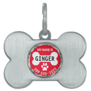 White Paw & Bone on Red   Personalise Pet ID Tag