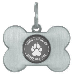 White Paw On Grey With I'm Blind Text & Pet's Info Pet ID Tag
