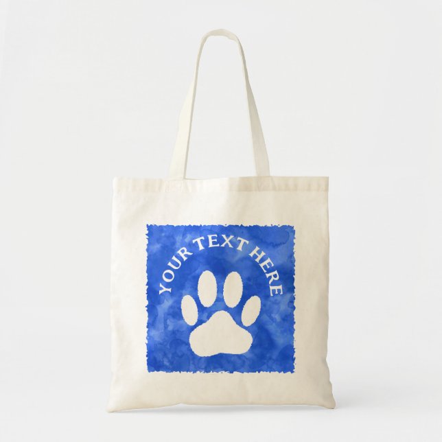 White Paw Print Custom Text Blue Watercolor Tote Bag (Front)