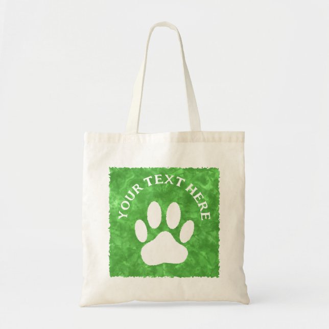 White Paw Print Custom Text Green Watercolor Tote Bag (Front)