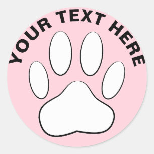 White Paw Print Custom Text Pastel Pink Classic Round Sticker