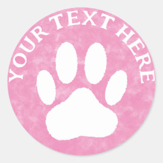 White Paw Print Custom Text Pink Pet Watercolor Classic Round Sticker