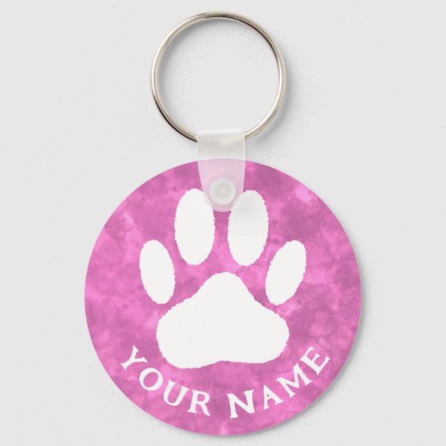 White Paw Print Custom Text Pink Watercolor Key Ring (Front)