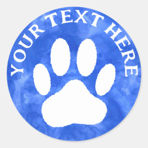 White Paw Print Editable Text Blue Watercolor Classic Round Sticker