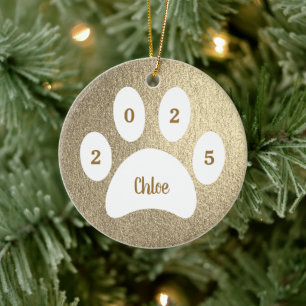 White Paw Print Gold Cat Photo with Name Year Ceramic Tree Decoration
