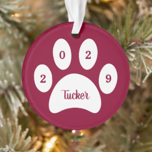 White Paw Print Red Dog Photo with Name Year Ornament