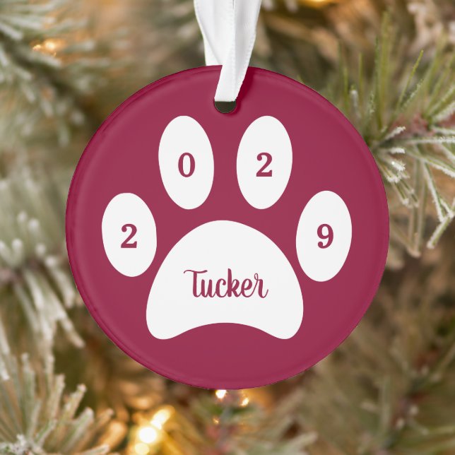 White Paw Print Red Dog Photo with Name Year Ornament (Tree)