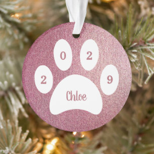 White Paw Print Rose Gold Cat Photo with Name Year Ornament