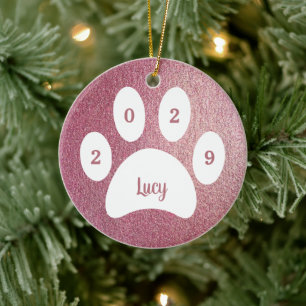 White Paw Print Rose Gold Dog Photo Name Year Ceramic Tree Decoration