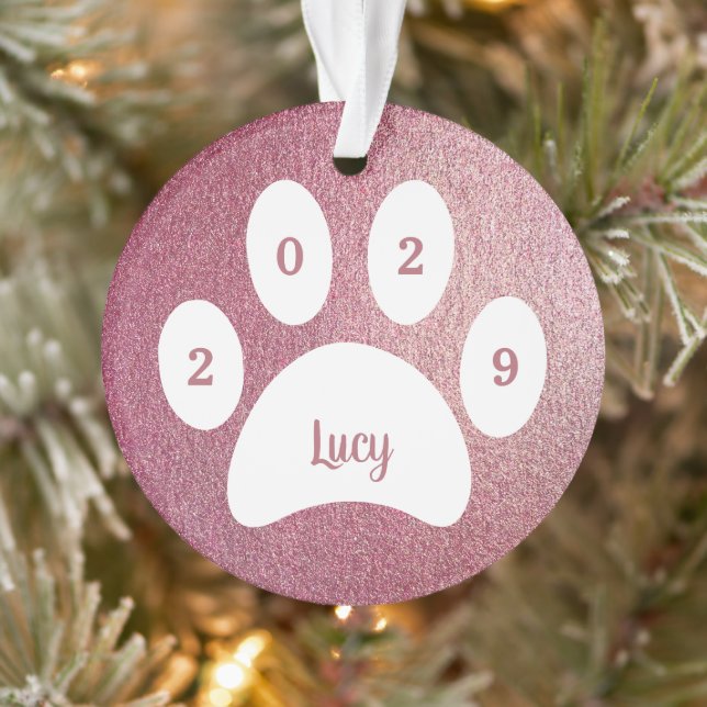 White Paw Print Rose Gold Dog Photo with Name Year Ornament (Tree)