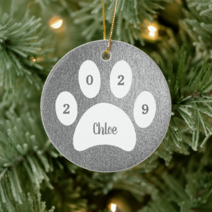 White Paw Print Silver Cat Photo with Name Year Ceramic Tree Decoration