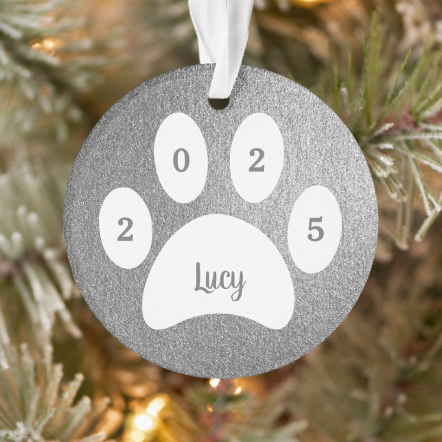 White Paw Print Silver Dog Photo with Name Year Ornament (Tree)