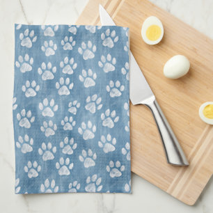 White Paw Prints on Blue – Rustic Pet Lover  Tea Towel