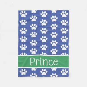 White Paw Prints on Blue With Green Personalised Fleece Blanket