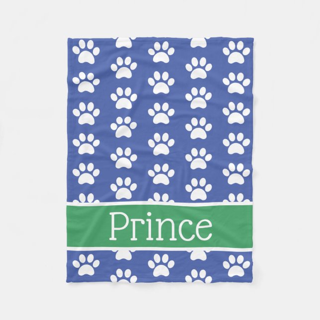 White Paw Prints on Blue With Green Personalised Fleece Blanket (Front)