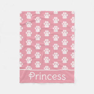 White Paw Prints on Pink Personalised Pet Fleece Blanket