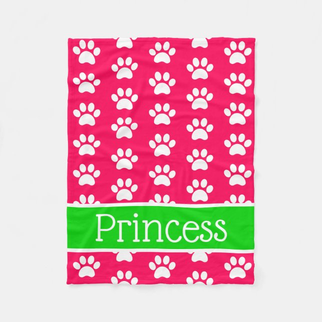 White Paw Prints on Pink With Green Personalised Fleece Blanket (Front)