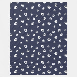 White Paw Prints Pattern Navy Blue Fleece Blanket