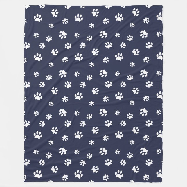 White Paw Prints Pattern Navy Blue Fleece Blanket (Front)