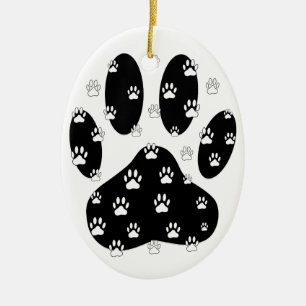 White Paws On Black Paw Print Ceramic Tree Decoration