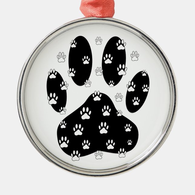 White Paws On Black Paw Print Metal Tree Decoration (Front)