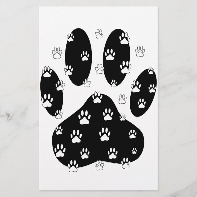 White Paws On Black Paw Print Stationery (Front)