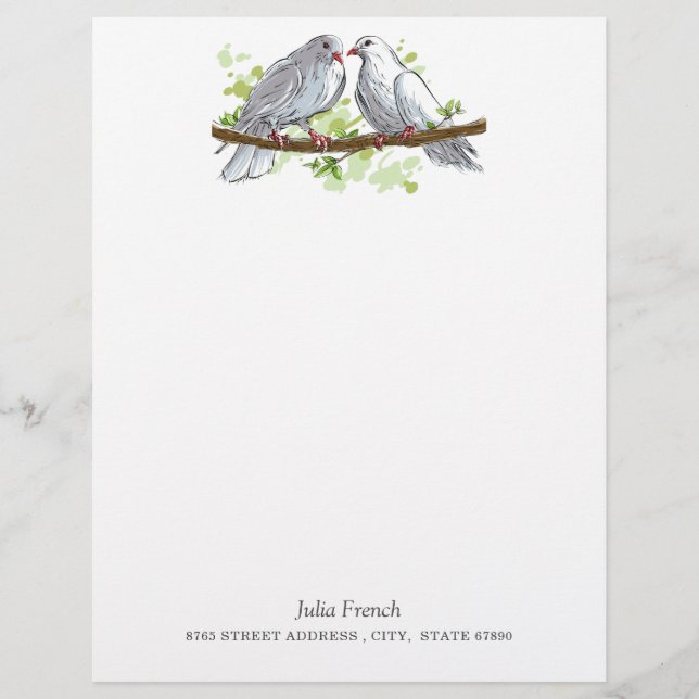 White Peace Dove Birds on Branch Letterhead (Front)