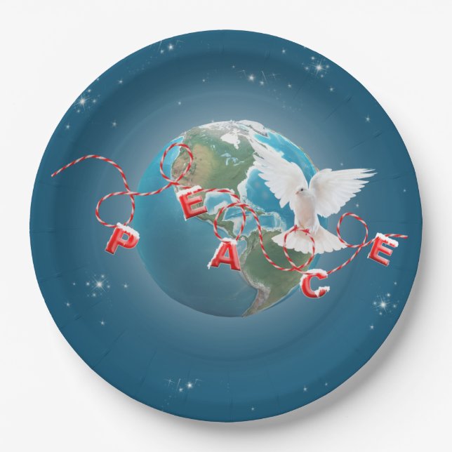 White Peace Dove On Earth Planet Paper Plate (Front)