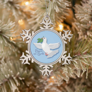 White Peace Dove on Earth Snowflake Pewter Christmas Ornament