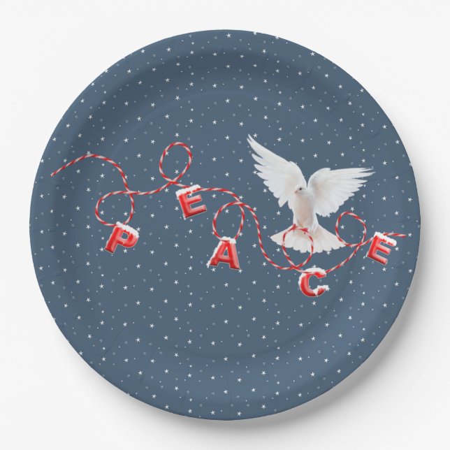 White Peace Dove With Peace Text Paper Plate (Front)
