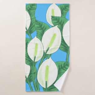 White peace lilies on pale blue background bath towel