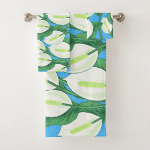 White peace lilies on pale blue background bath towel set