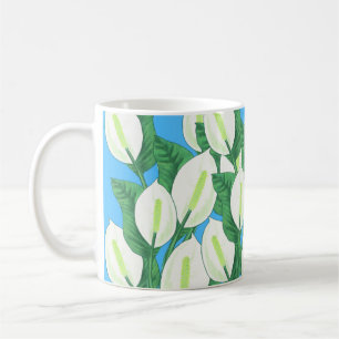 White peace lilies on pale blue background  coffee mug