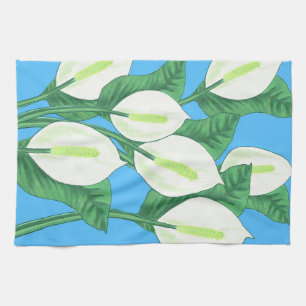 White peace lilies on pale blue background   tea towel