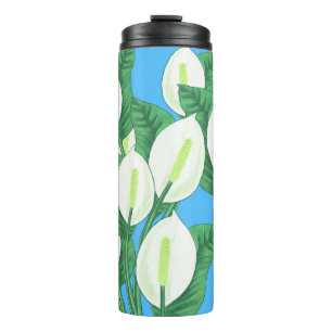White peace lilies on pale blue background thermal tumbler
