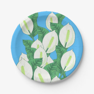 White Peace Lily Illustration Pale Blue Paper Plate