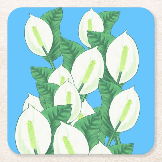 White Peace Lily Illustration Pale Blue Square Paper Coaster (Front)